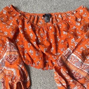 Forever 21 Orange Floral Off-Shoulder Blouse